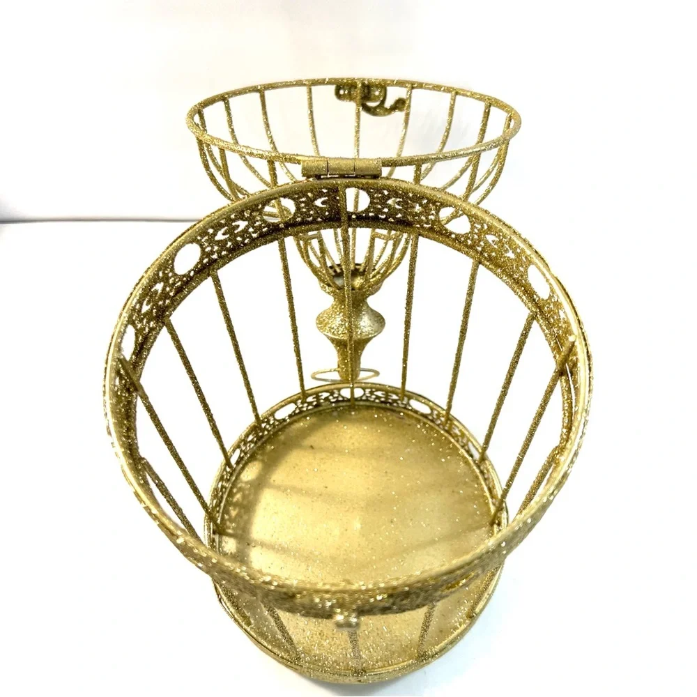 Gold Glitter Decorative Birdcage | Vintage Style Metal Home Decor Accent